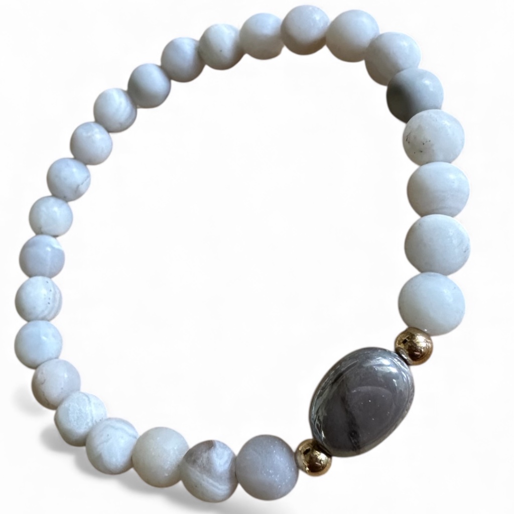Matte 6mm Feldspar Stretch Bracelet W/ Botswana Agate & 14k Gold Filled Details